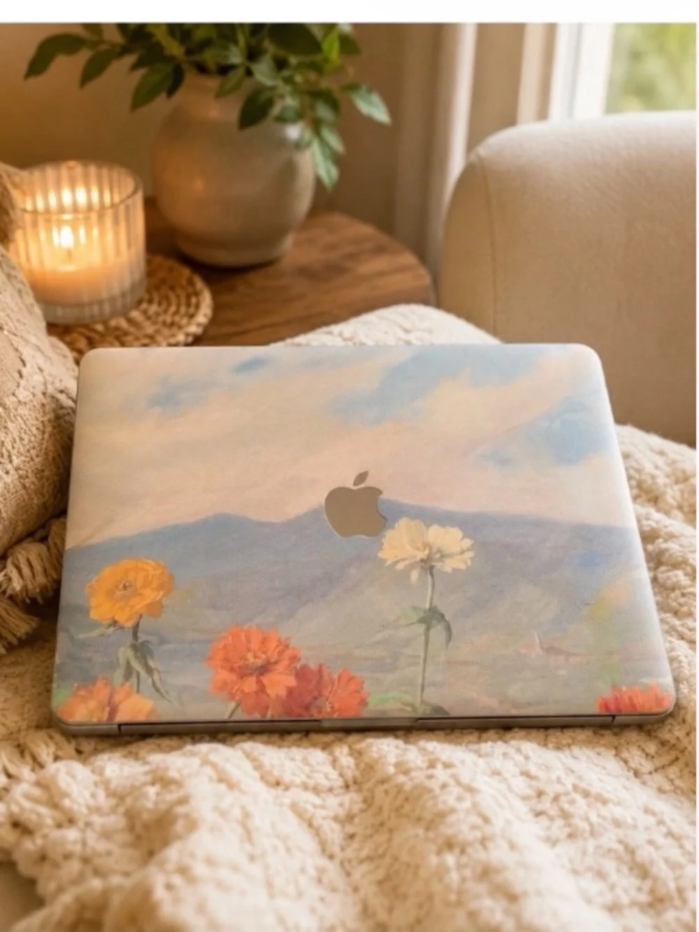 Apple MacBook Skin Case with Floral and Cat Designs - Multi-Color
